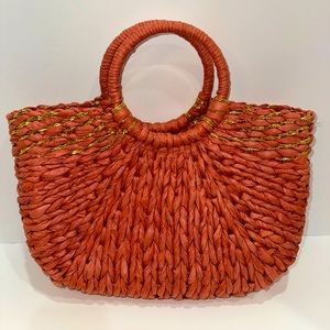 Braided Straw Handbag with Gold Detail